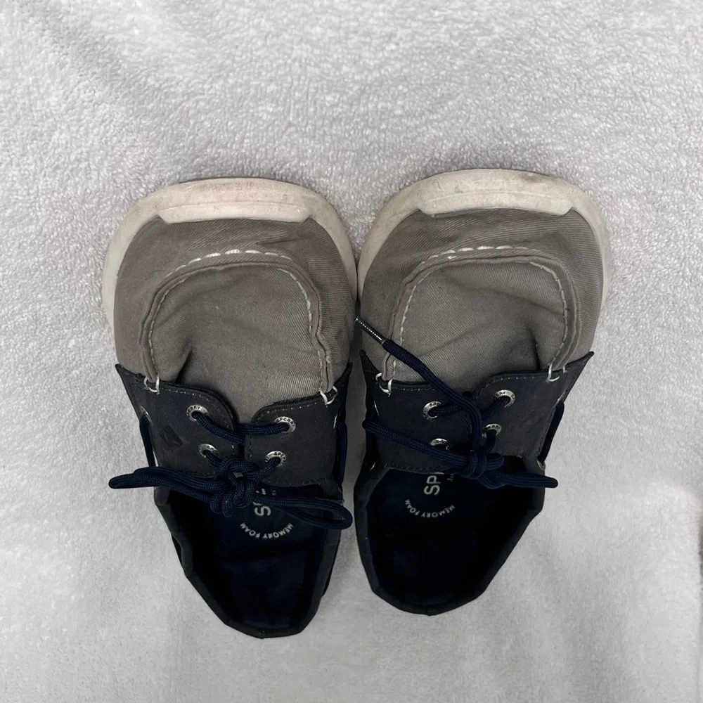 Mens Sperry 2 Eyelet Boat Shoe 11.5 Med Wid Canvas Gray/Blue/ White Memory Foam